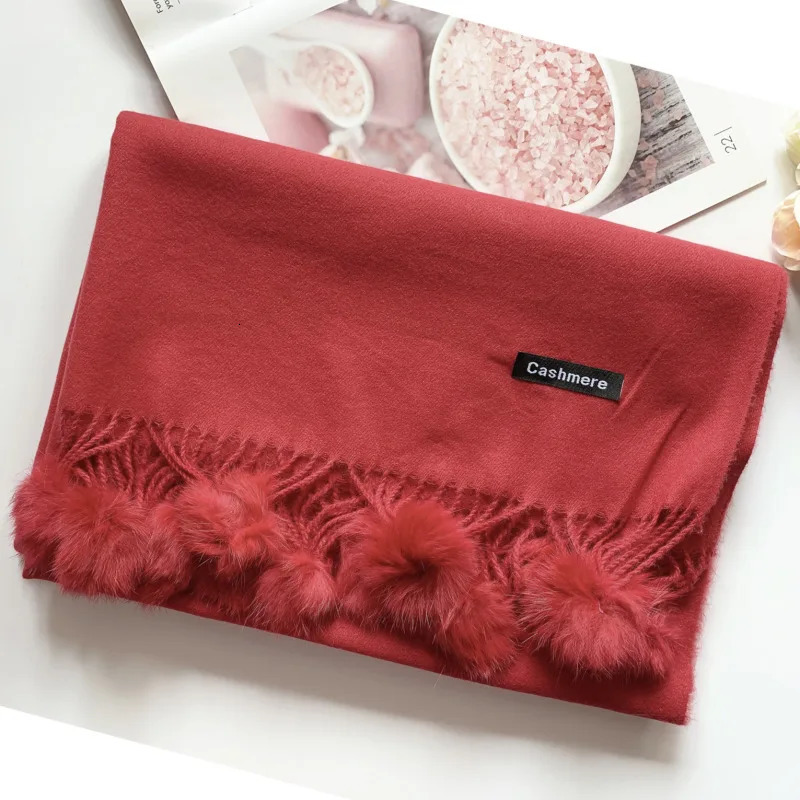 200*70cm Women Solid Color Soft Hairball Scarf Oversize Cashmere Ladies Shawl Wrap Winter Pashmina Female Hijab Headband Muffler 241220