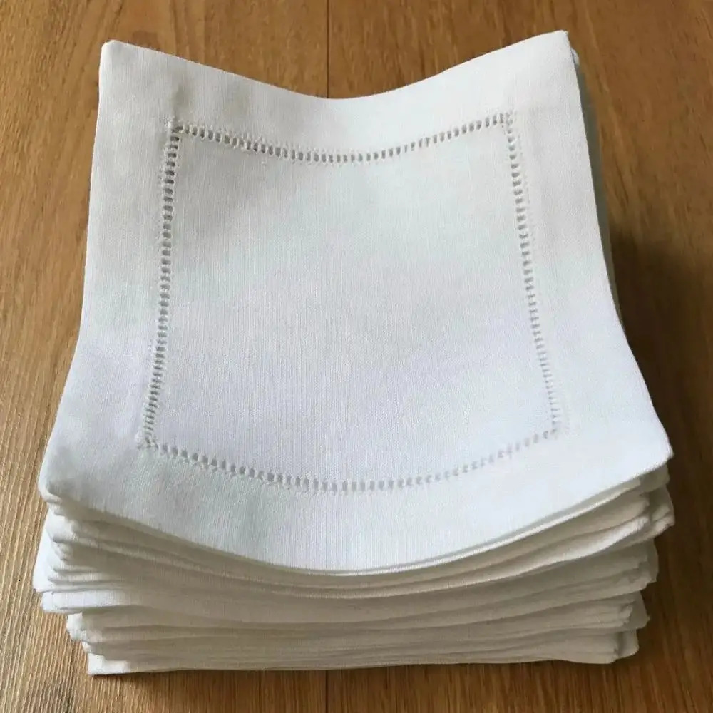 6 Pieces Hemstitch Cocktail Napkin in natural color White Color napkins 241218