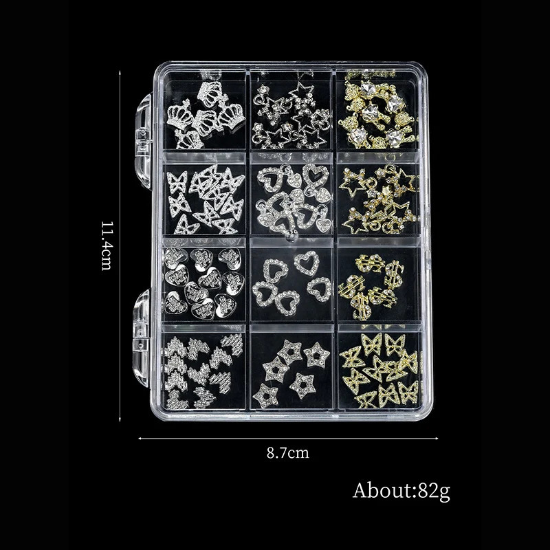 3D Nail Art Rhinestones 12Grids Metal Alloy AB Color Hearts Stars Butterfly Crowns Nail Charms DIY Manicure Decoration Accessori 241220