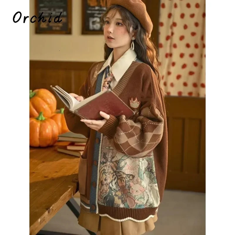 Stylish Vintage Oversized Cardigan Sweater Renaissance Style Loose Knitwear Harajuku Cartoon Knitted Coats Female Clothing 241220