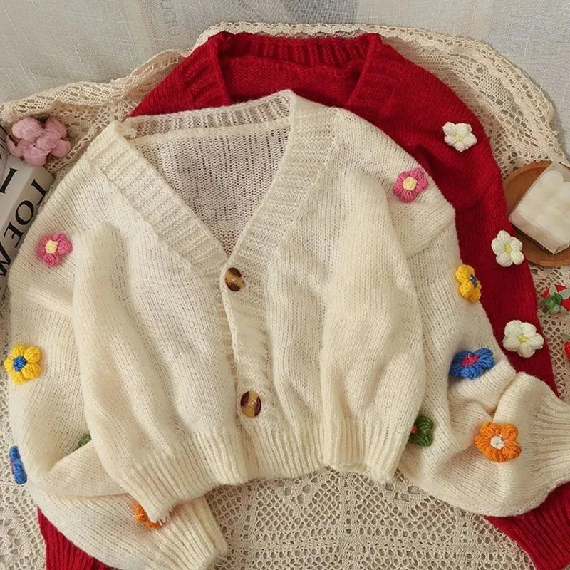 Sweet Cute Flower Sweater Cardigan Women Fall Winter Cropped Vneck Knitted Cardigans Female Long Sleeve Singlebreasted 241220