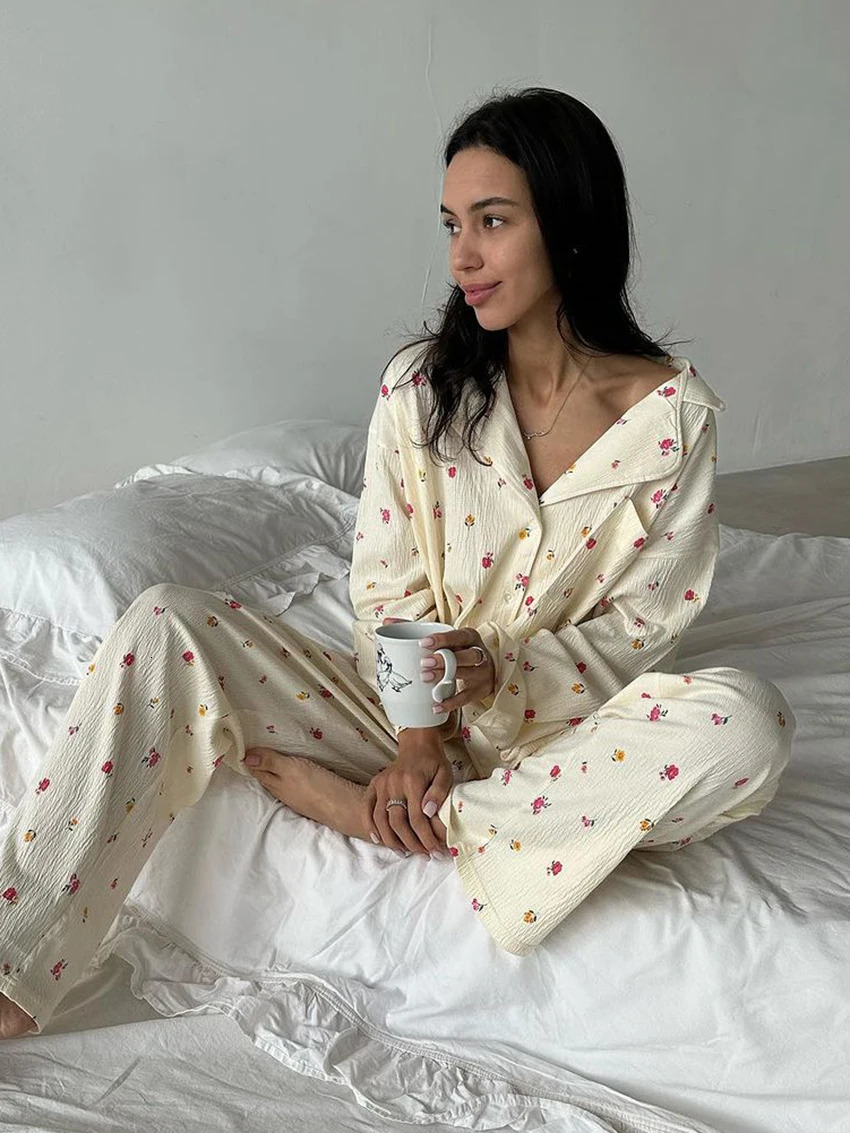 Marthaqiqi Cotton WomenS Pajamas Set Long Sleeve Nightwear Turn-Down Collar Nightgowns Pants Loose Printing Home Clothes Femme 241217