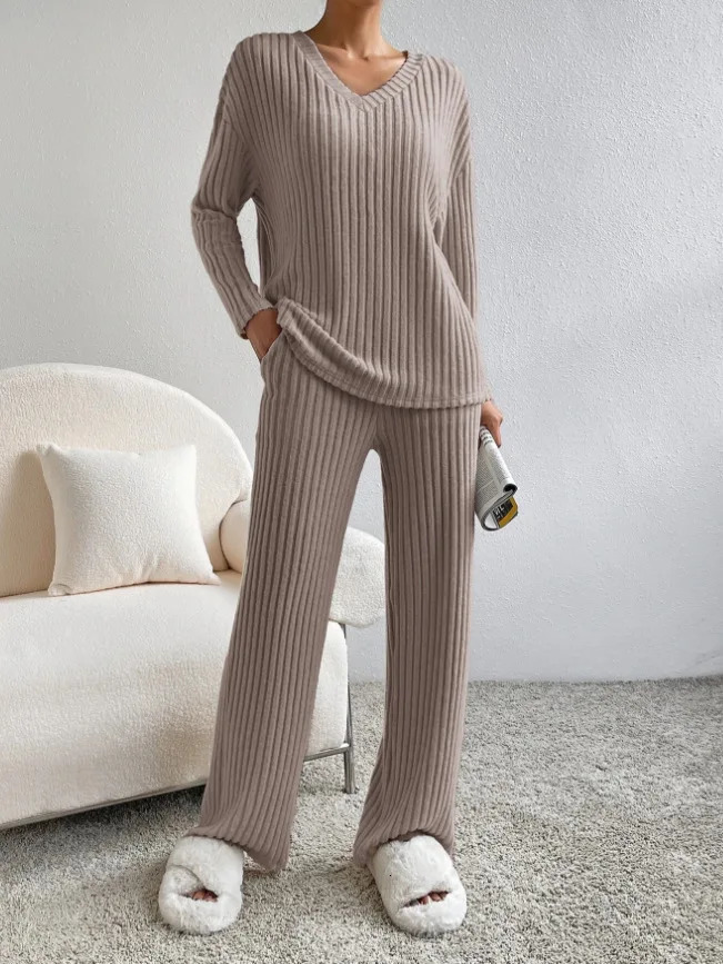 Fashion Casual Vneck Long Sleeve Loose Womens Pants Set Two Piece 241211