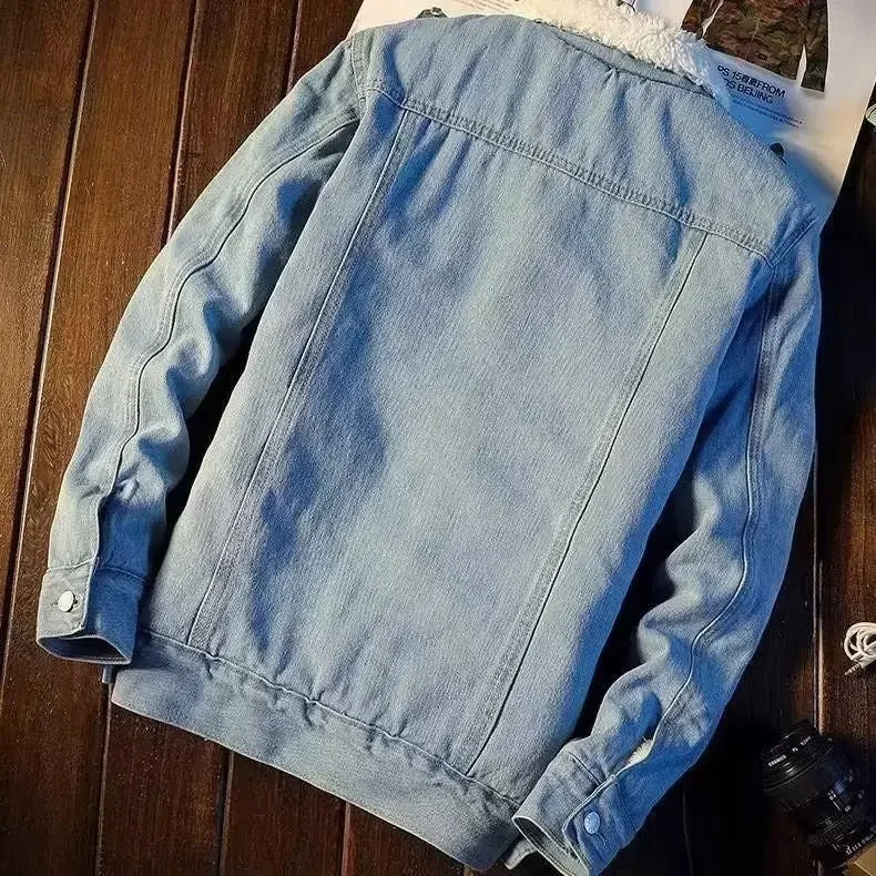 American Vintage Loose-fit Denim Jacket Lamb Wool Fleece Lining Casual Style For Men Trendy Autumn Winter Japanese Workwear 241216