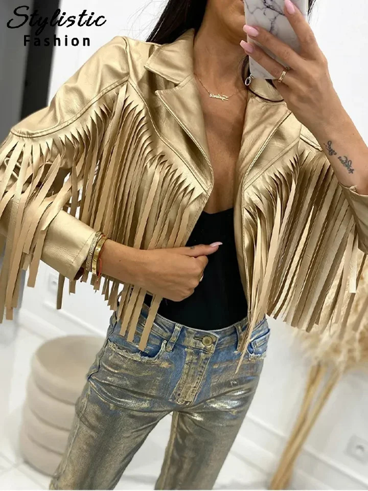 PU Leather Tassel Jackets Women Casual Turn Down Collar Spliced Short Coat Female 2024 Autumn Fashion Streetwear Coats Lady 241220