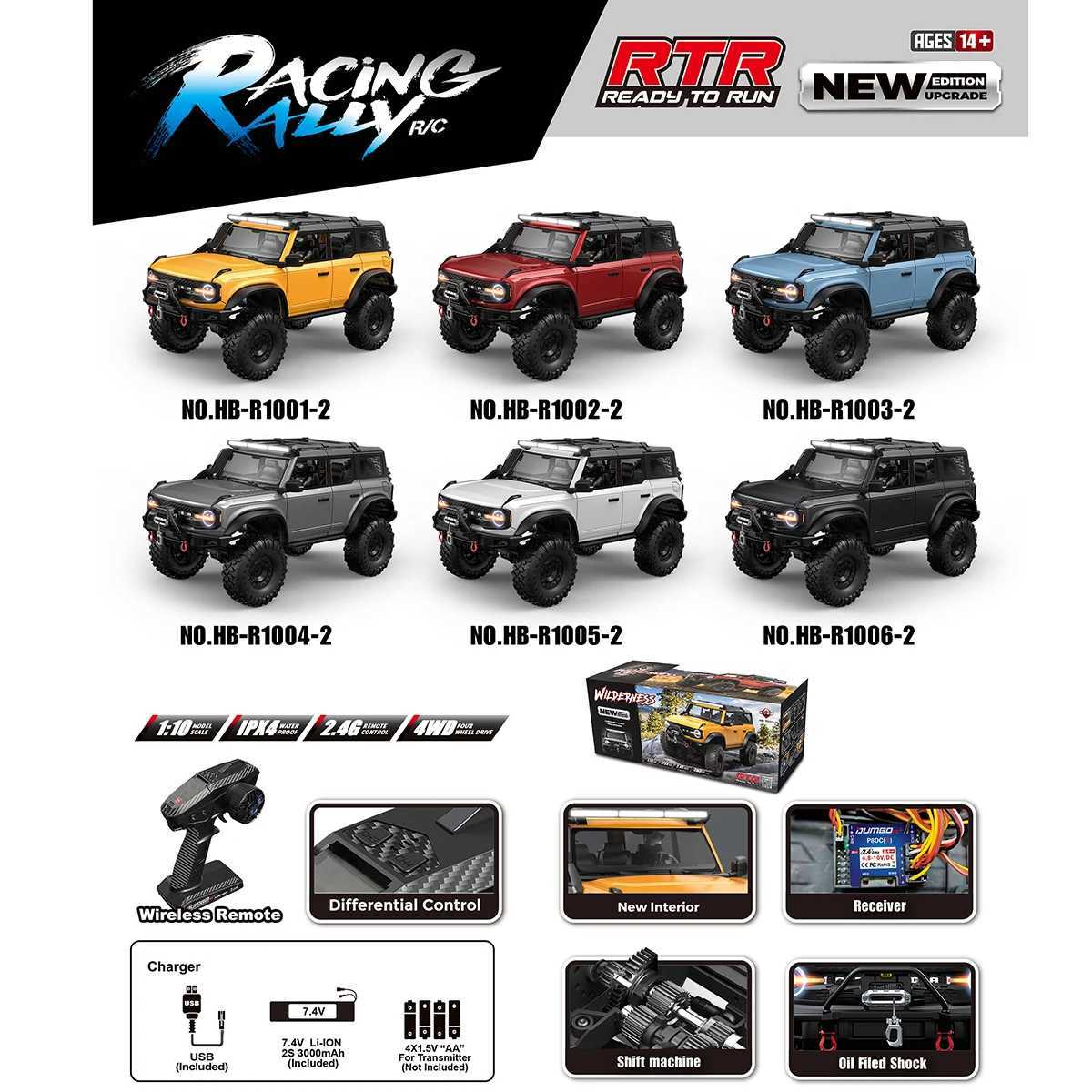RC Crler 1/10 Rc Car 4WD RTR HB R1001 with LED 2.4G Electric Remote Control Rock Buggy Off-road Vehicle Rc for AdultsXJ241221