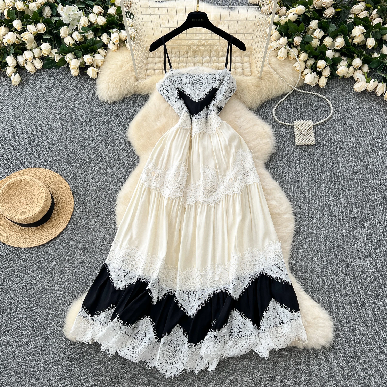 French Chic Vestidos De Fiesta Slash Neck Spaghetti Strap Vintage Dress Women Lace Patchwork Dresses Summer Dropshipping 2025