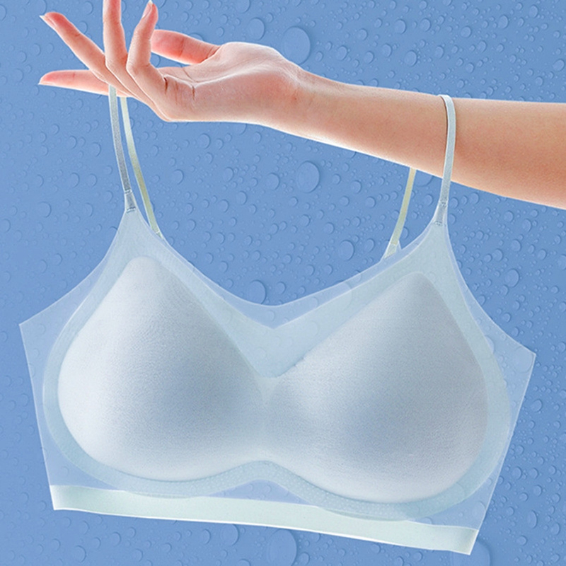 Ultra-thin Ice Silk Padded Bra Seamless Underwear Women's Thin Section Sling Beautiful Back Vest Tops Big Chest Small Sleep Bra