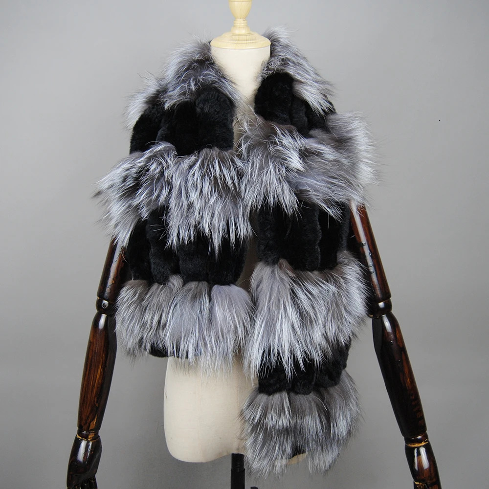 Winter Neck Warmer Femme Knitted Rex Rabbit Fur Scarf With Silver Fox Fur Women Fashion Warm Thick Female Winter Fur Scarves 241220