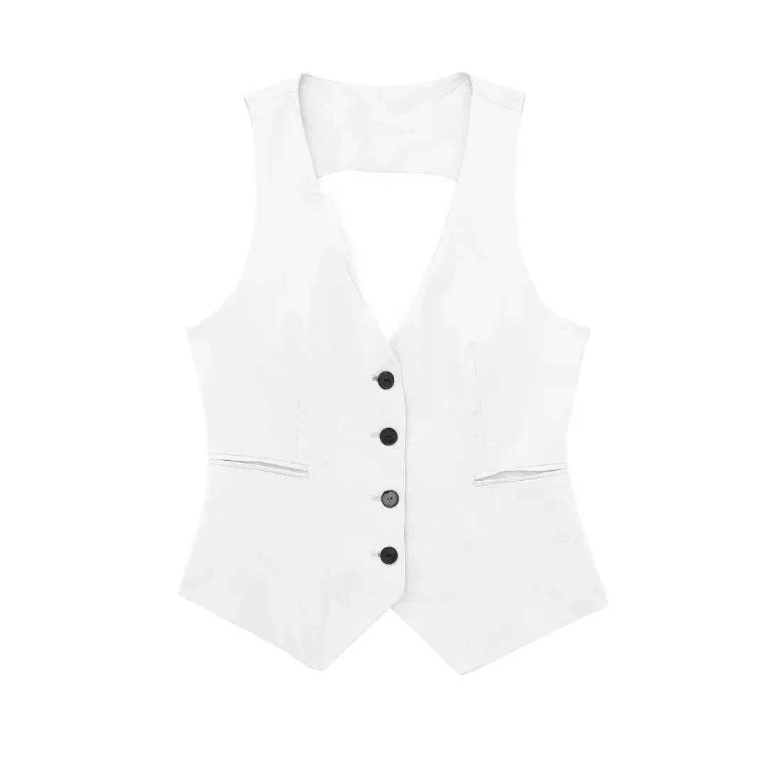 TRAF Fashion Women's Vest Linen Sleeveless Suit Vest Coat for Women Autumn Korean Female Black White Suit Vest Top