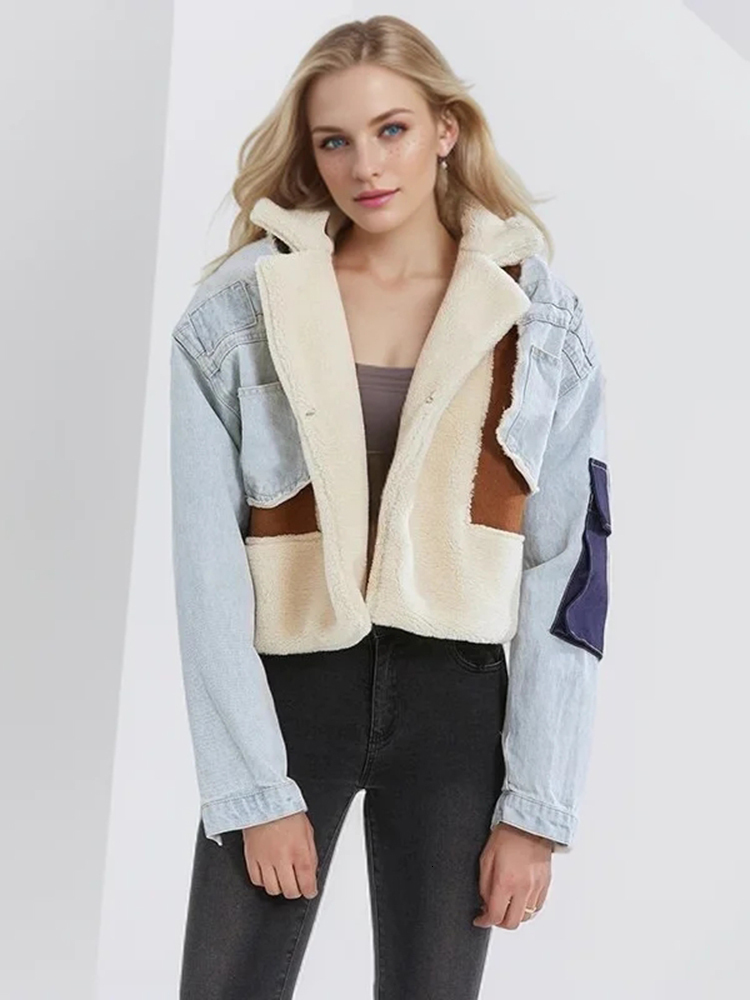 Color Spliced Lambswool Denim Jacket For Women Lapel Long Sleeve Patchwork Pockets Short Winter Coat Female Fashion New