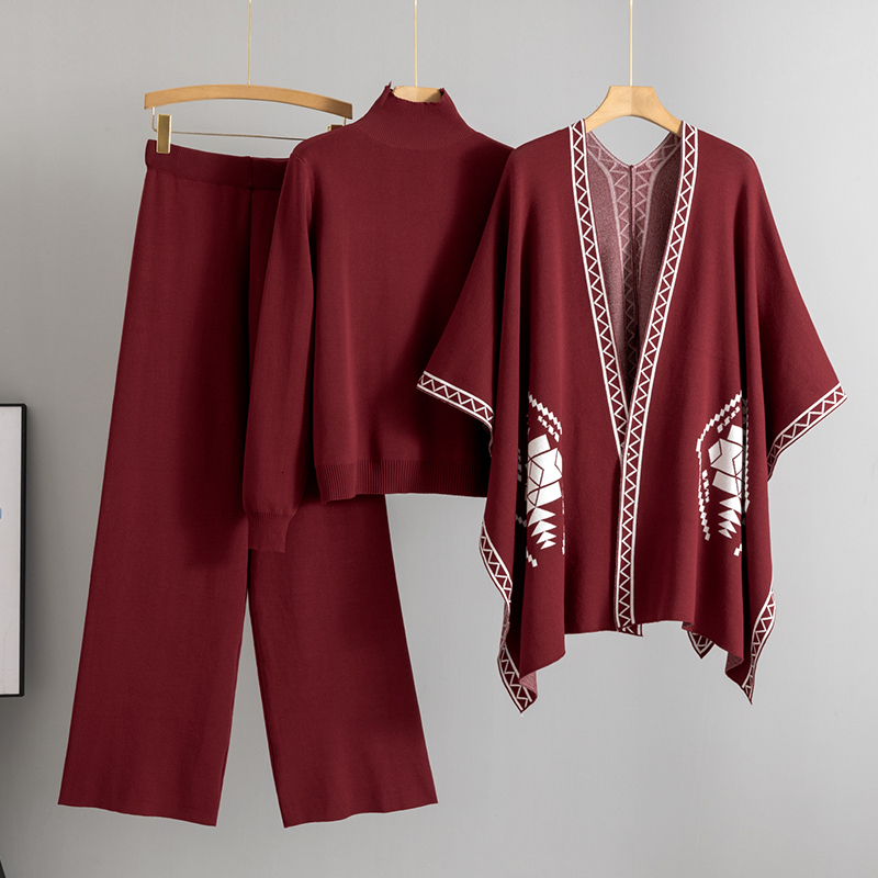 2025 Spring Lady Outfit Cozy Knit Shawl Pants Sets 3 Pieces With Women Elegant Turtleneck Sweater Wide Leg Trousers