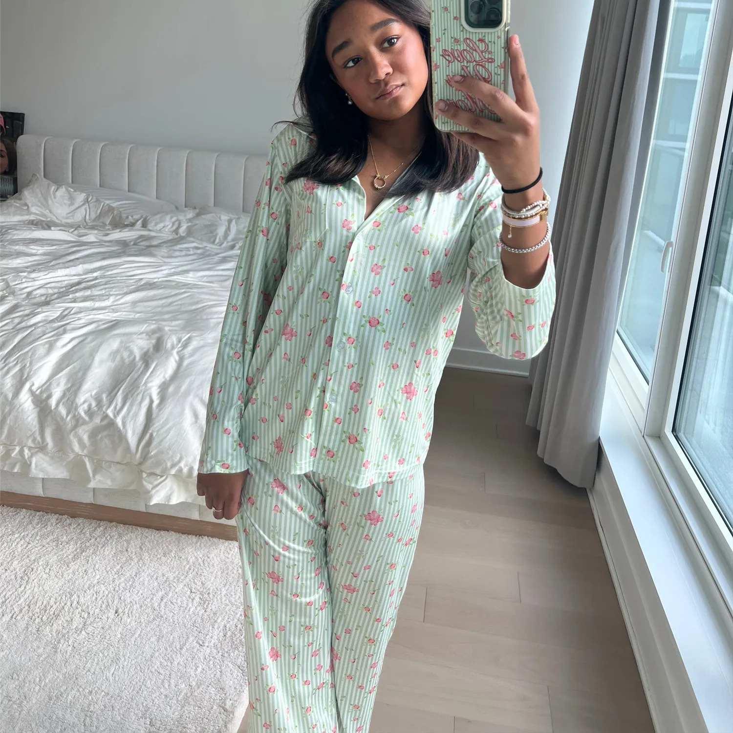Imcute Floral Pajamas for Women Set Long Sleeve Button Down Shirt and Wide Leg Pants Y2K Fruit Print Lounge Set Sleepwear 241217
