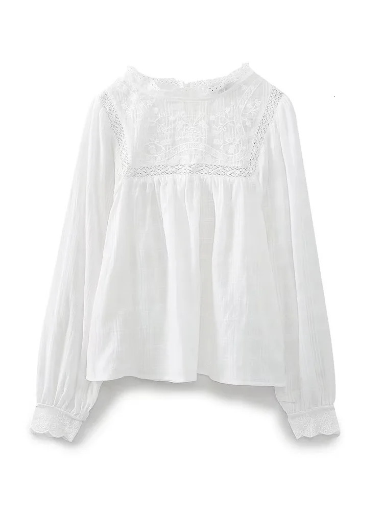 Willshela Women Fashion y White Hollow Out Blouse Vintage ONeck Long Sleeves Female Chic Lady Shirts 241218