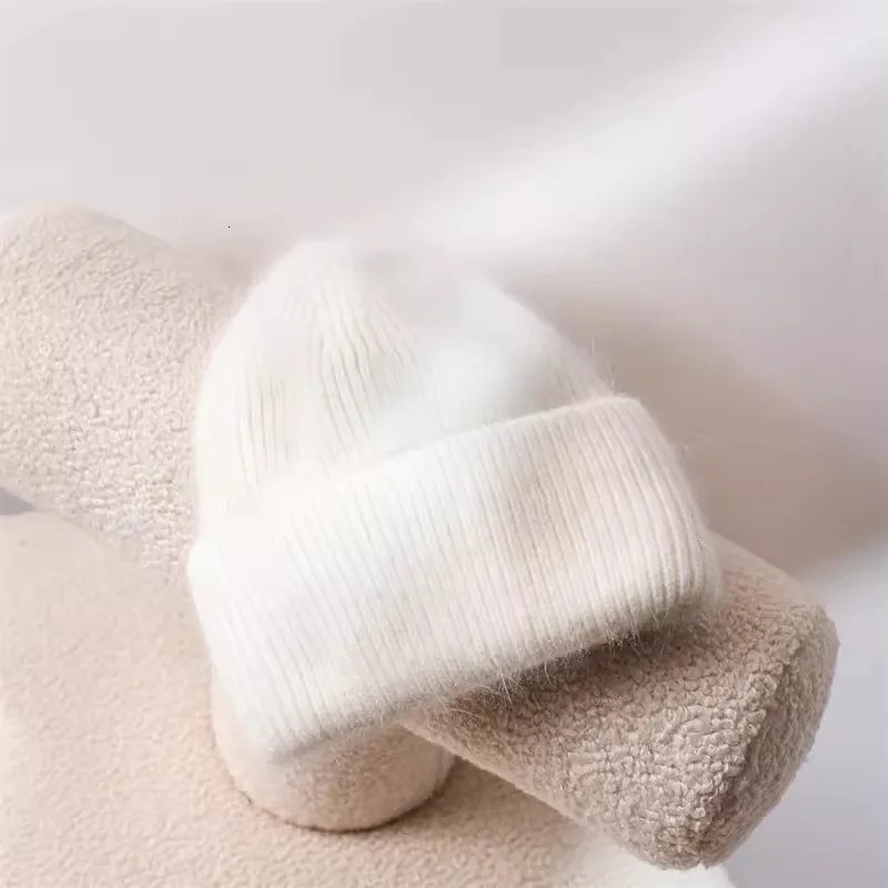 Fashion White Rabbit Fur Beanies Hat Womens Winter Soft Warm Knitted Hat Lady Korean High Quality Thicked Skullies Caps 241214