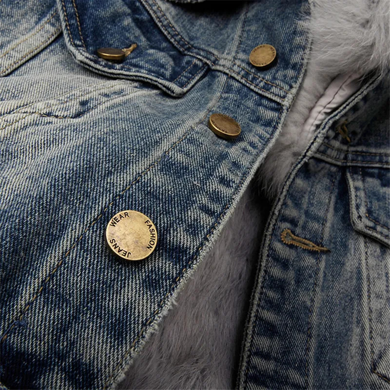 Real Fox Fur Collar Rabbit Hair Liner Denim Jacket Women Casual Cow Outerwear Winter Thick Loose Short Jeans Jacket Female 241220