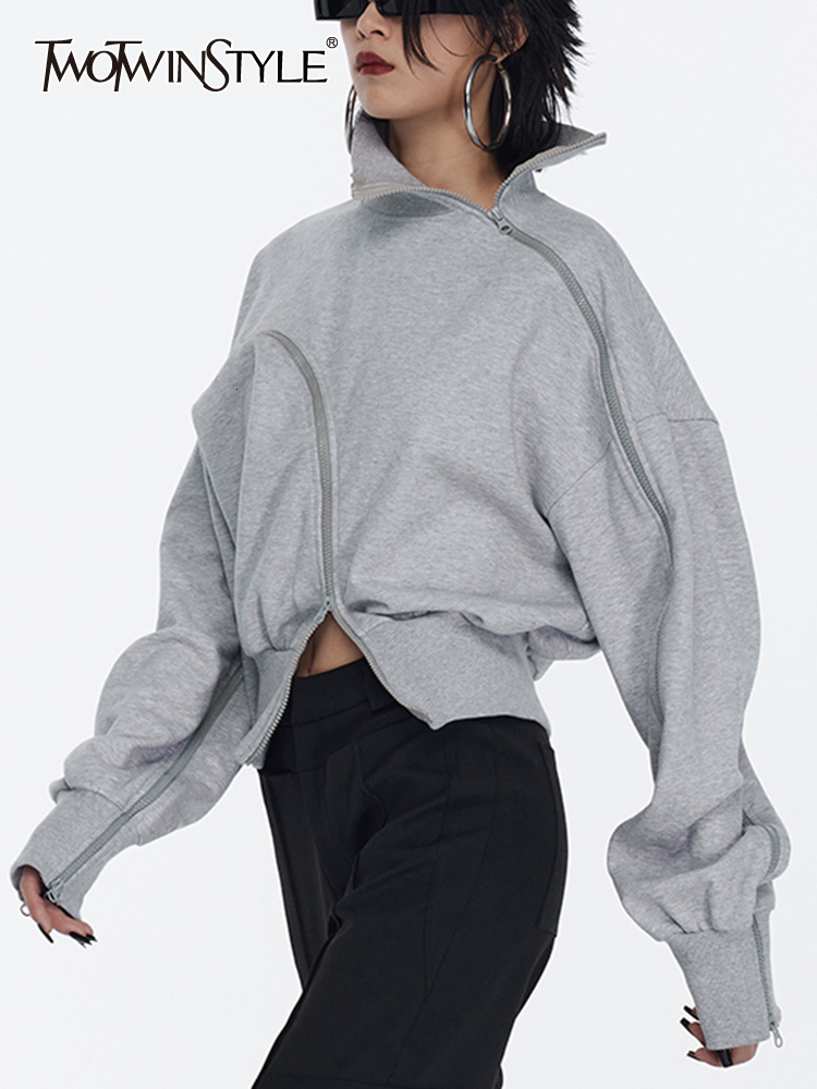 TWOTWINSTYLE Solid Patchwork Zipper Streetwear Sweatshirts For Women Tuntleneck Long Sleeve Pullover Sweatshirt Female Fahion