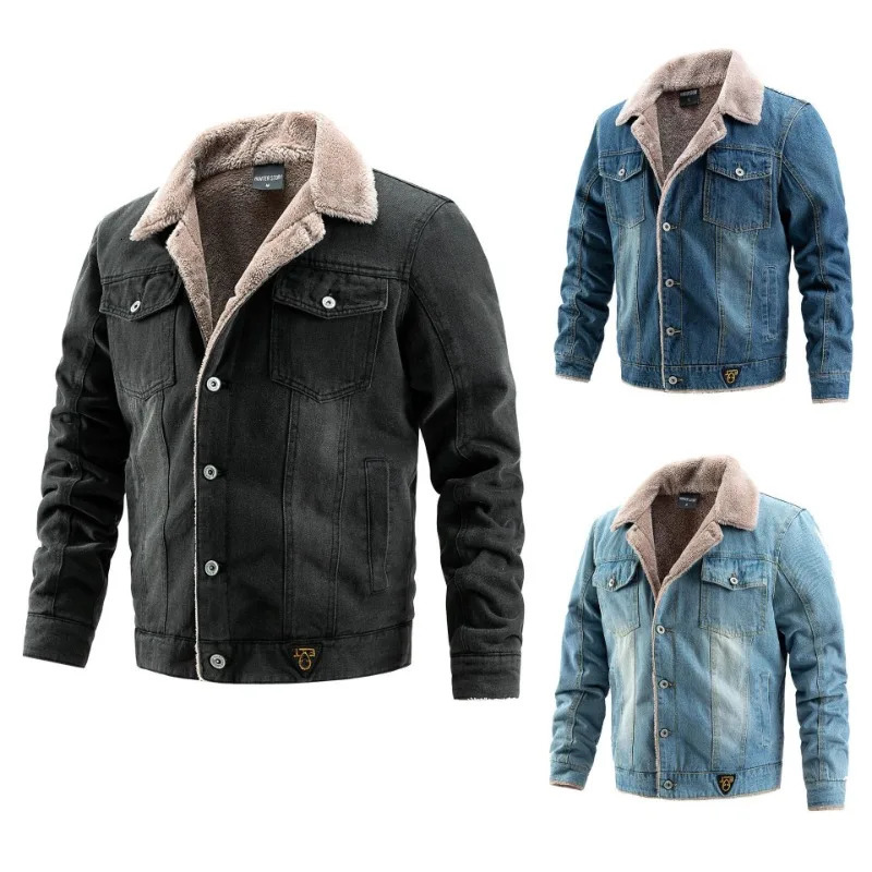 COLDKER Autumn Winter Fur Collar Jacket for Men Warm Thicken Fleece Mens Jeans Jacket and Coat Casual Fashion Denim Jacket Men 241220