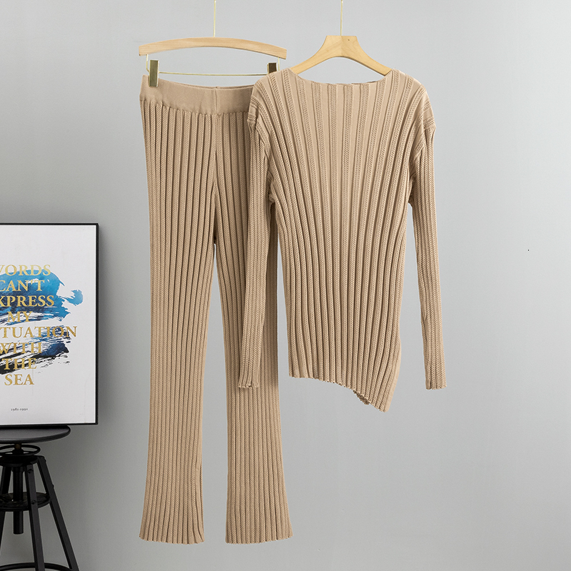 new Spring Summer Women Knitted Top Sets Fashion Causal Hollow Out Sweater Elastic Waist Pants Suits