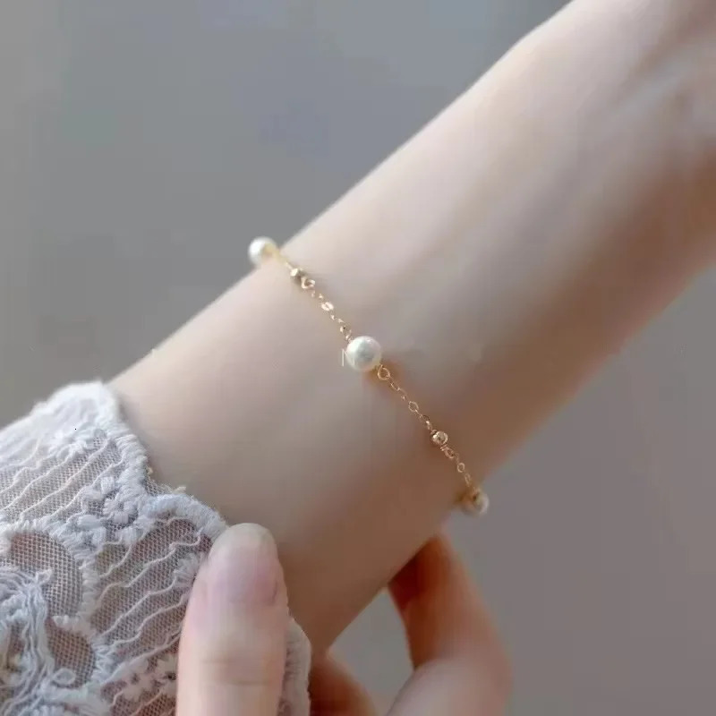 Real 18K Gold Freshwater Pearl Bracelet AU750 Gold Ball Full Sky Star Bracelet Womens Boutique Jewelry Wedding Birthday 241220