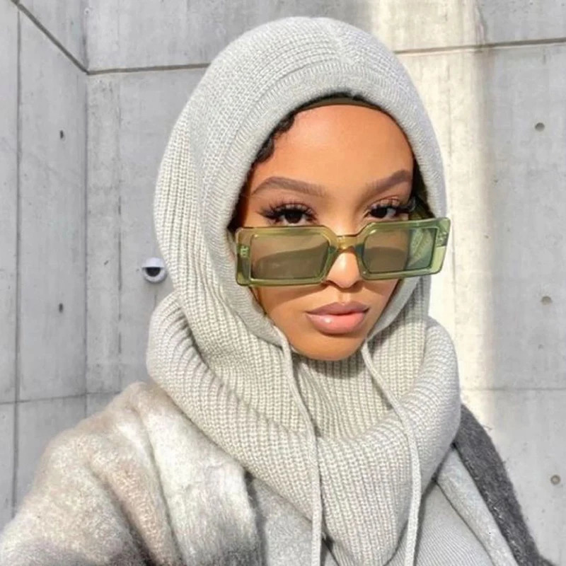 Women Windproof Hooded Scarf Hats Skullies Solid Color Knitted Pullover Drawstring Balaclava Winter Warm Hat Beanie Cap 241214