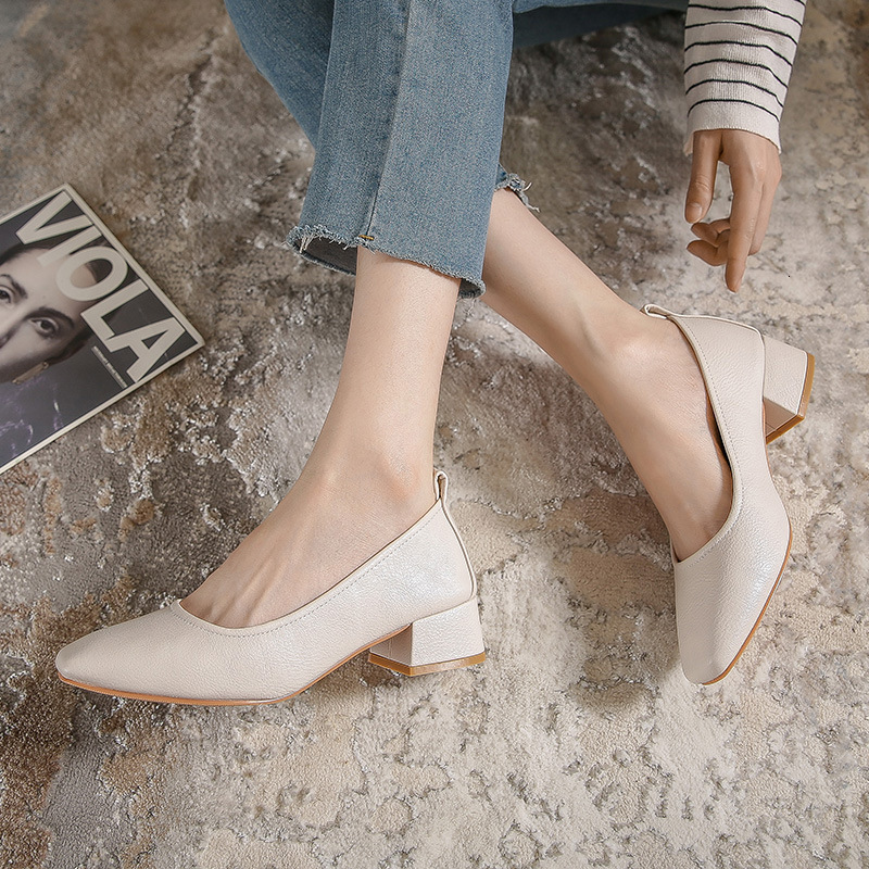 Woman Spring Fashion Square Toe Concise 4Cm High Heel Female Shallow Black Fitting Mary Janes Elegant Cute Loafers Shoes
