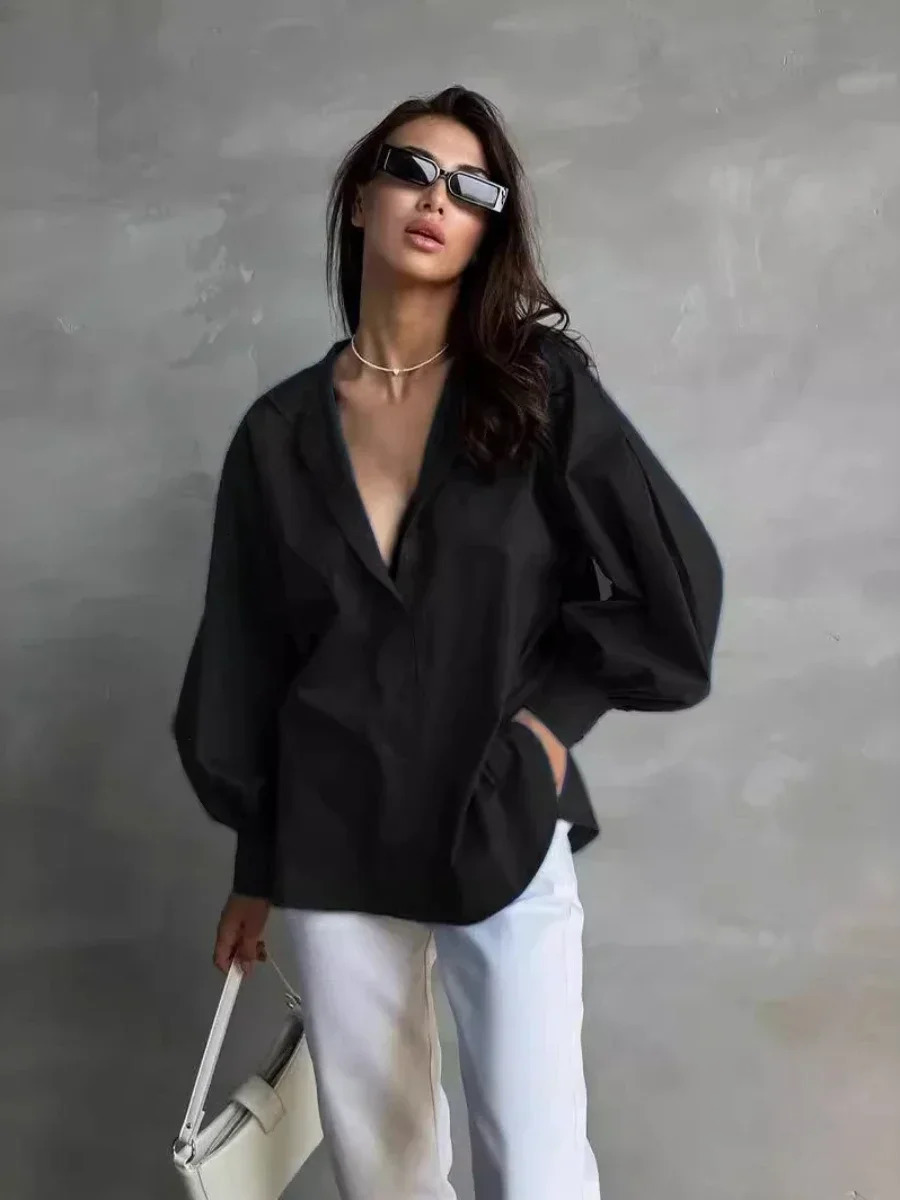 Bornladies Loose Oneck Women Stylish Shirts Spring Summer Lantern Sleeve Singlebreasted Female 100% Cotton Blouse Ladies Tops 241218