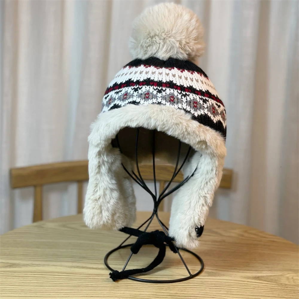 Winter Womens Warm Knitted Ski Hat with Earmuffs Cute Pom pom Plush Peruvian Hat Womens Fashionable Lei Feng Hat 241220