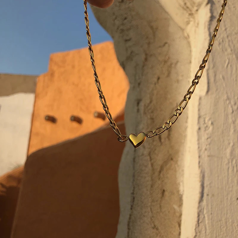 Amaiyllis 18K Gold Figaro Love Peach Heart Necklace Choker Clavicle Chain Necklace Handmade Boho Collier Kolye Collares Jewelry 241220