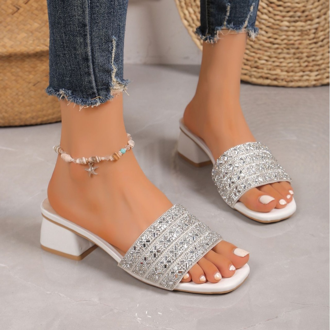 One-line rhine-diamond high Heels female European and American fashion chunky heels female Slippers Size 35-42
