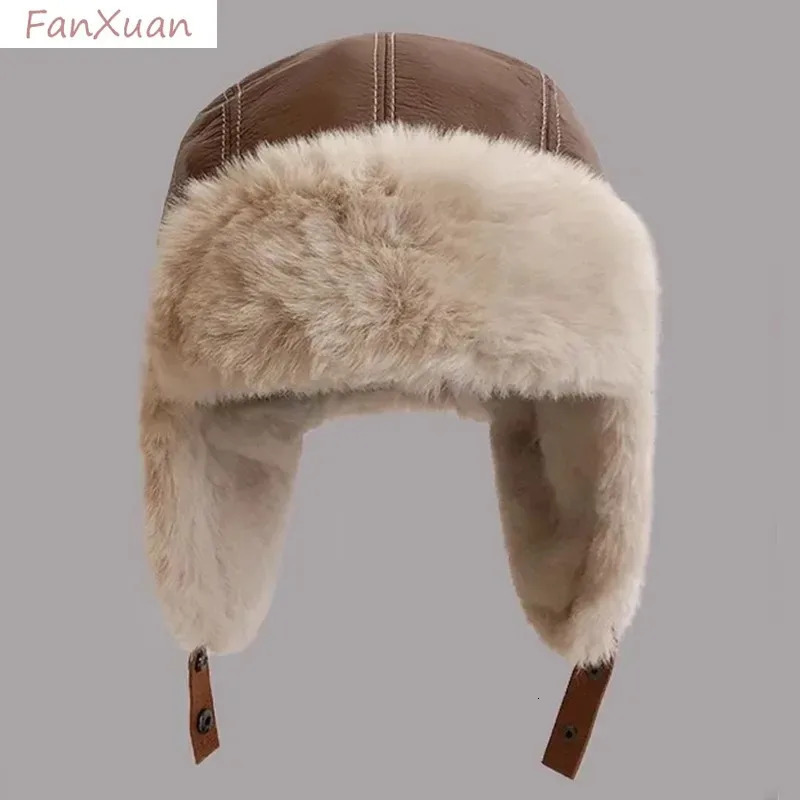 Winter mens pilot bomber trap hat artificial fur soft leather snow hat windproof Lei Feng hat with ear flaps 241220