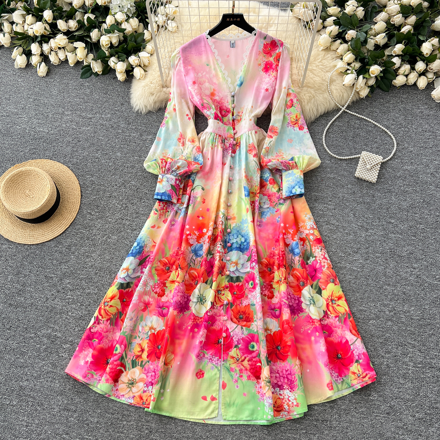 Casual Dresses 2025 Spring Summer Holiday Flower Robe Dress Women Lace Splicing V-Neck Long Lantern Sleeve Floral Print Maxi Vestidos Clothes