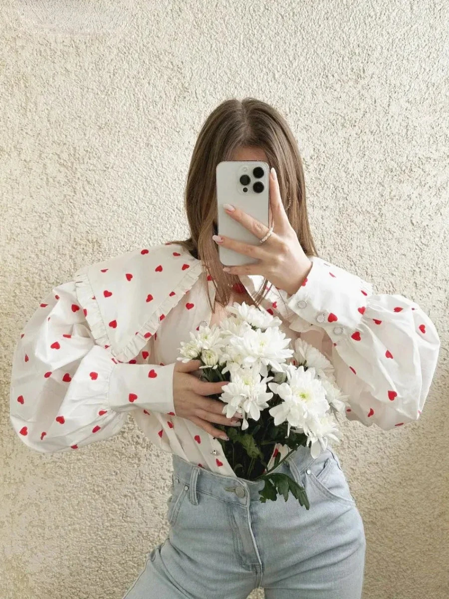 Wolfeel Big Peter Pan Collar Ruffle Womens Blouse Heart Print Long Sleeve Cotton Shirts Tops Female Spring Summer Frill Shirt 241218