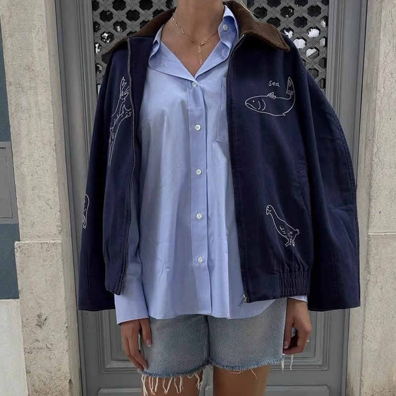 Distressed Embroidered Corduroy Lapel Collar Jacket Single Breasted Long Sleeve Casual Winter Clothes Women