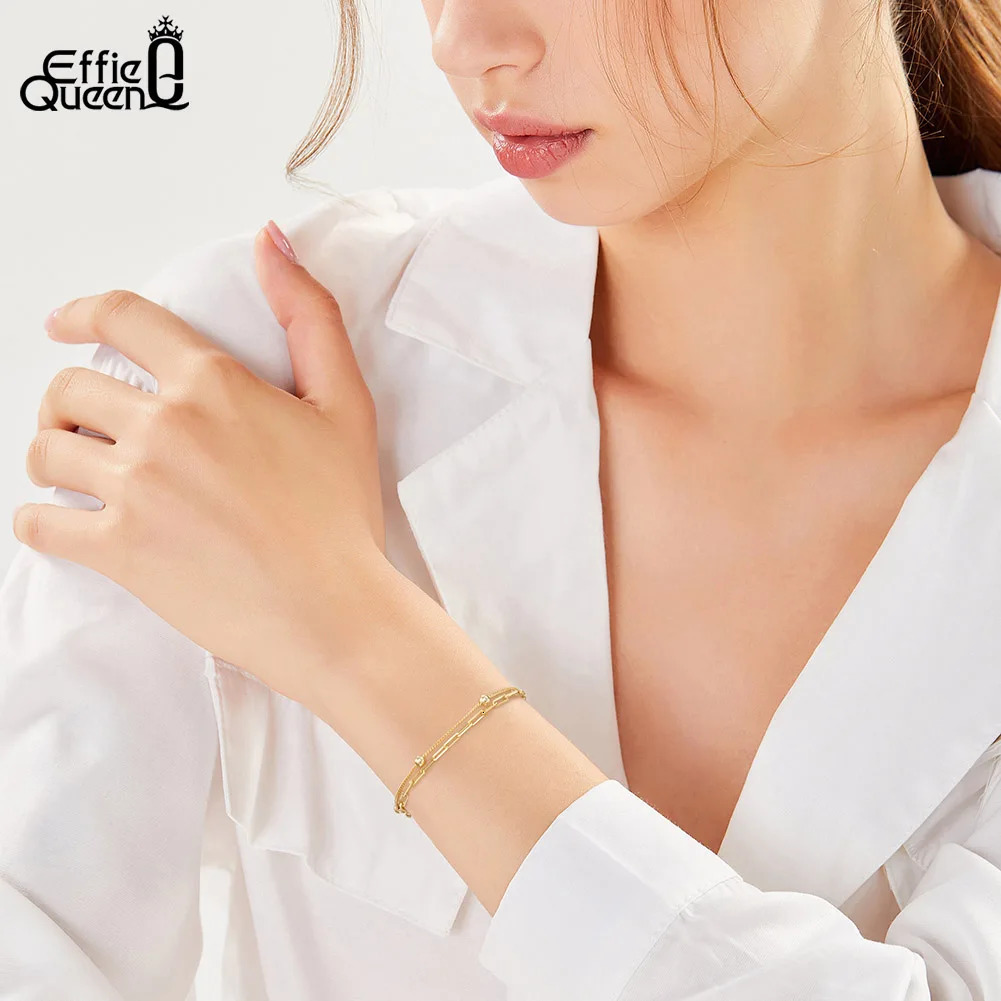 EFFIE QUEEN 14K Gold Dual Layers Paperclip Link Chain Bracelet 925 Sterling Silver Ball Decor Women Bracelets Jewelry Gift SB175 241214