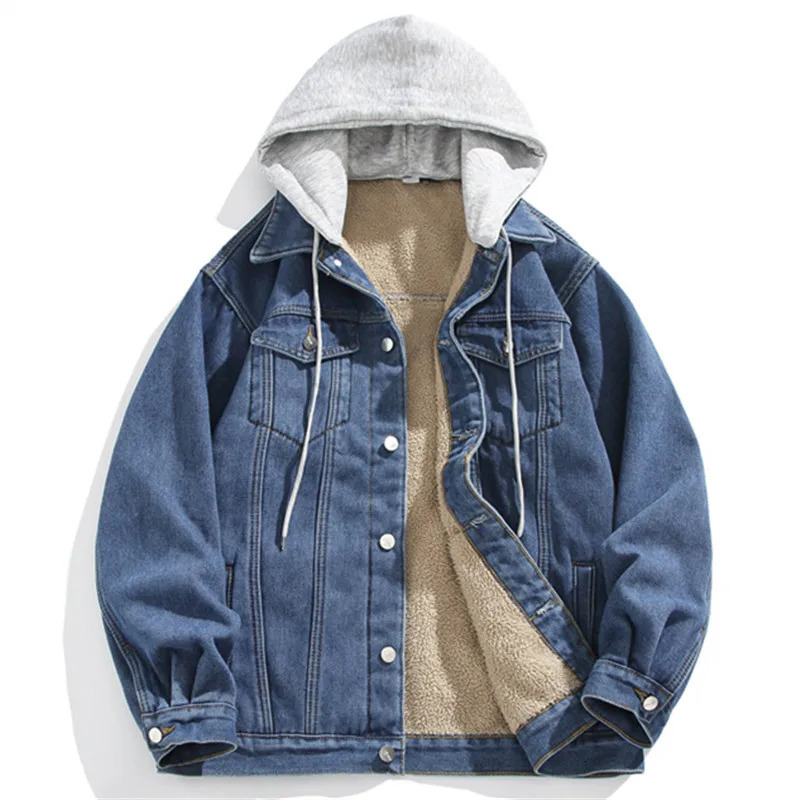 Winter Fleece Denim Jackets Men Solid Hat Detachable Casual Denim Coats Male Thick Warm Hooded High Quality Jean Parkas Outwear 241216