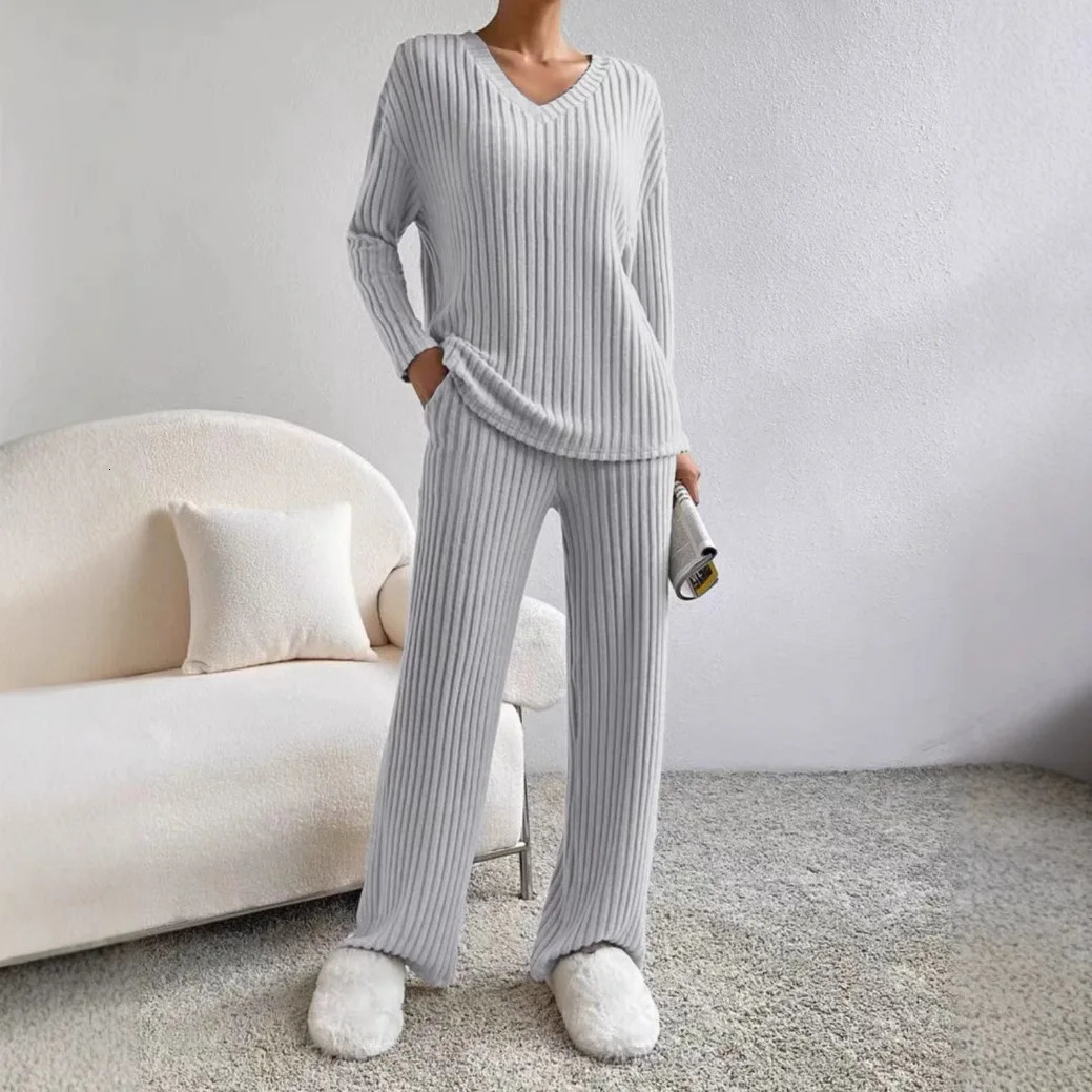 Fashion Casual Vneck Long Sleeve Loose Womens Pants Set Two Piece 241211