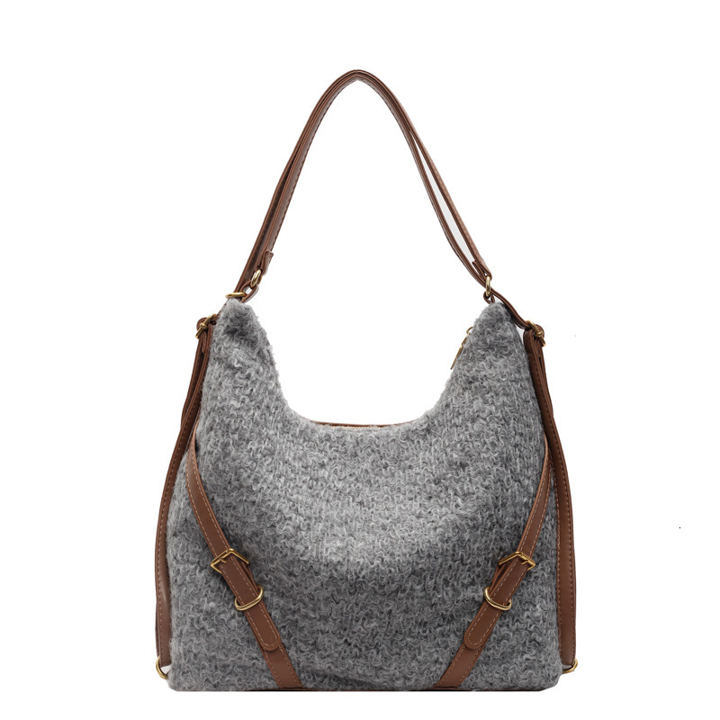 Bag Woolen Backpack, Large Capacity Tote Bag, Women's 2024 Winter New Fashion Trend, Underarm Commuting Versatile Shoulder Bag