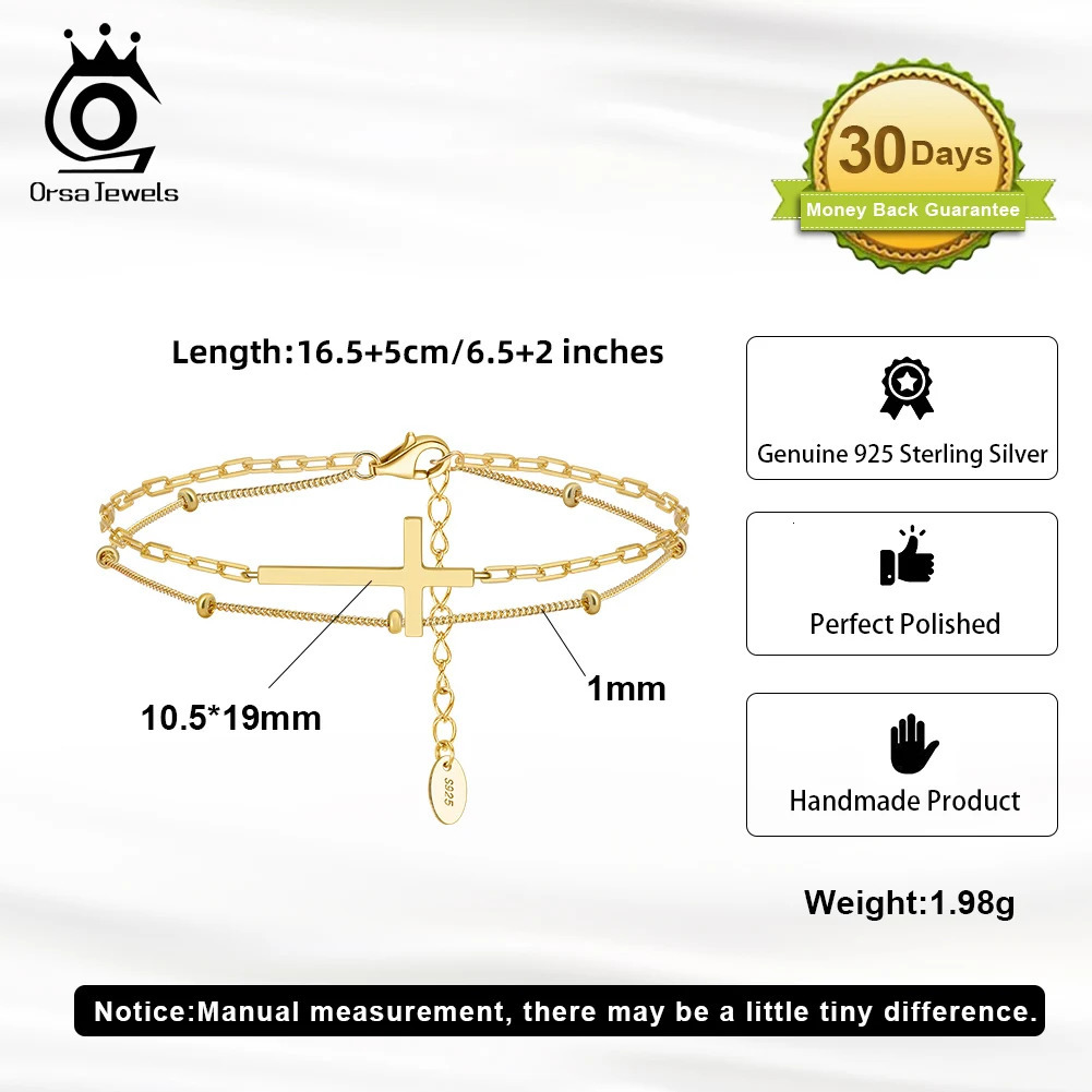 ORSA JEWELS Dual Layers 925 Sterling Silver Chain Bracelet Sequins Cross n for Women Fashion Bracelet Party Jewelry SB197 241214