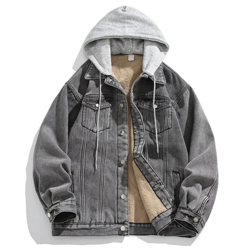 Winter Fleece Denim Jackets Men Solid Hat Detachable Casual Denim Coats Male Thick Warm Hooded High Quality Jean Parkas Outwear 241216