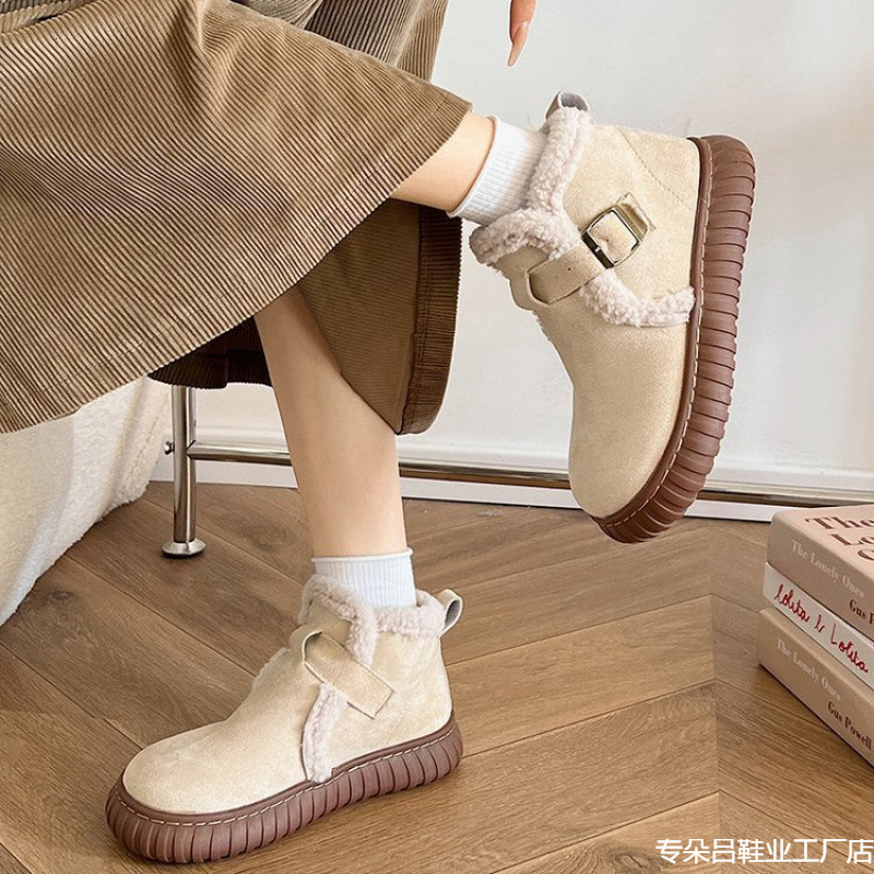 Brown snow boots for women's autumn and winter Bocken shoes with plush and thick fur, round toe thick sole, warm short cotton boots