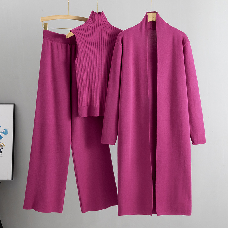 Sweater For Women Three Piece Casual Knitted Turtleneck Vest Long Sleeve Cardigan Solid Wide Leg Pant Sets