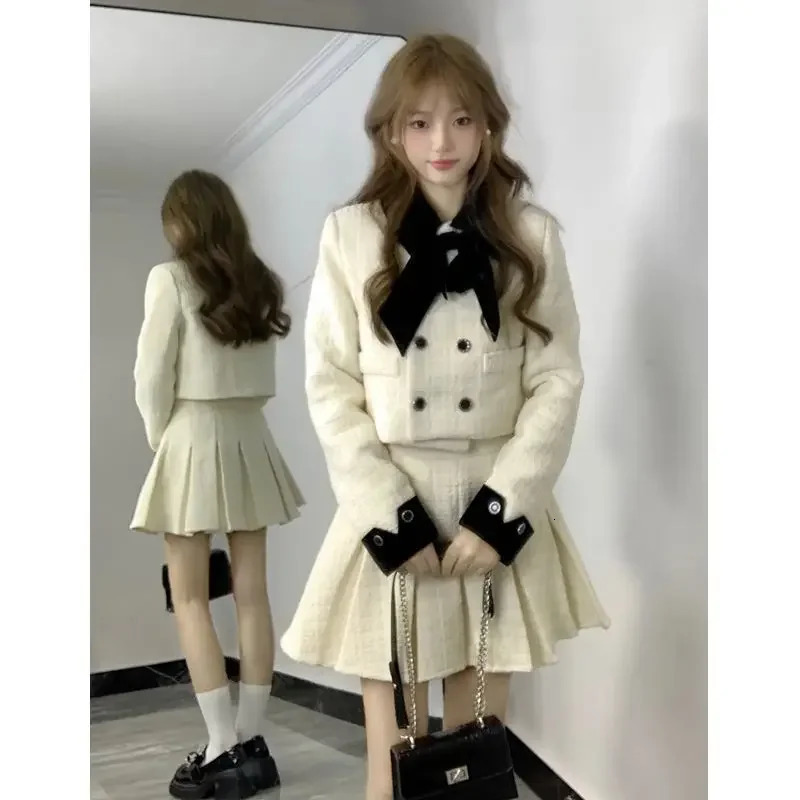2024 Autumn Womens Coarse Felt Set Tailored Jacket High Waist Folded Skiing Gold Touch Dress 241211