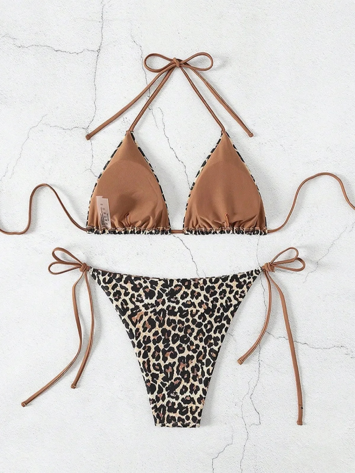 Sexy Leopard Print Two-piece Women's Swimsuit Triangle Bra Suspender Backless Bikini Designer Set Beach Vacation Lace Up Swimsuit