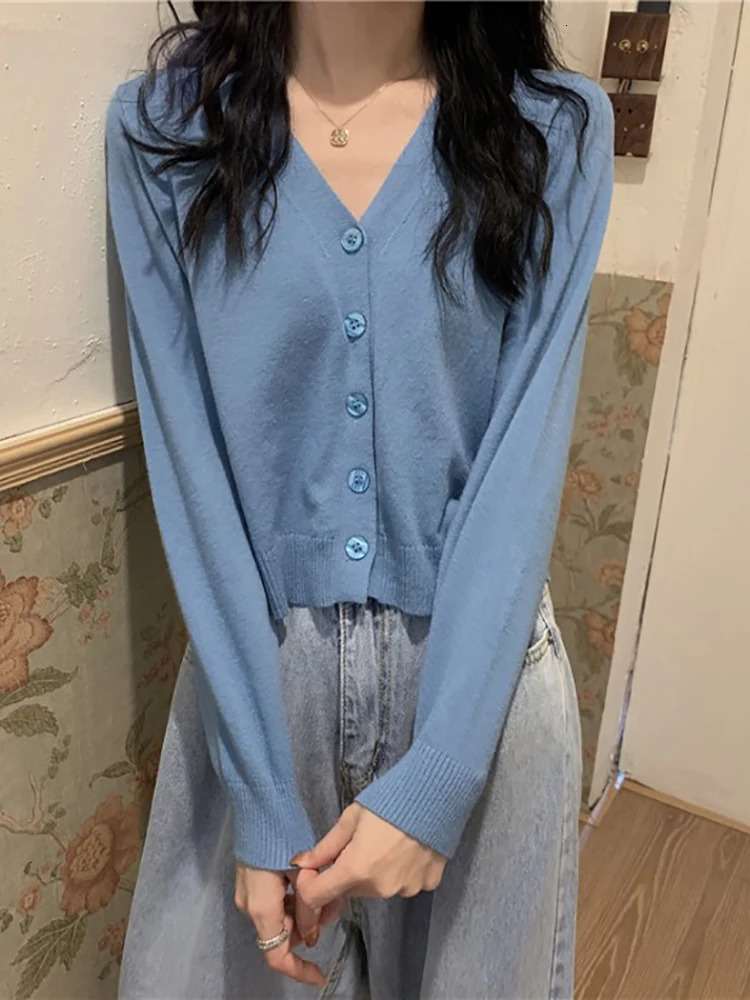 Sweater Knitted Cardigan Button Jacket 2024 Autumn Winter Vneck Long Sleeve Casual Short Tops For Women Grey White 241220