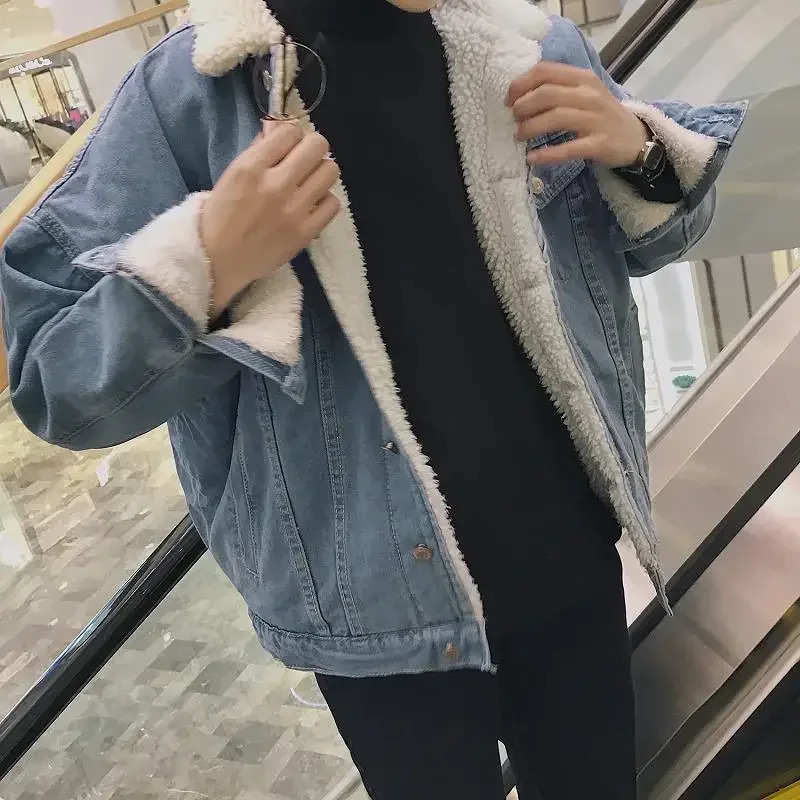 European and American Mens Winter Trendy All - Match Thickened Lamb Wool Casual Single - Breasted Denim Jacket M-XXXXL 241216