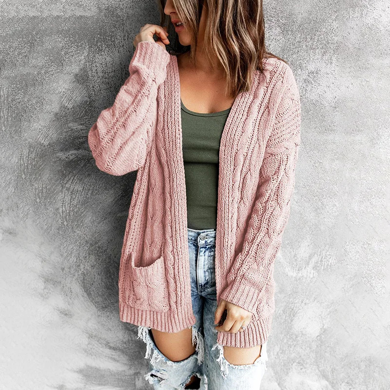 Solid pocket middle long solid Fried Dough Twists knitting cardigan coat autumn and winter sweater women 241220