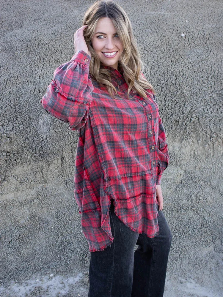 Vintage Oversized Long Shirt Fashion Lapel Womens Blouse Tops Sleeve Plaid Lady 2025 Autumn Women Clothing 241218