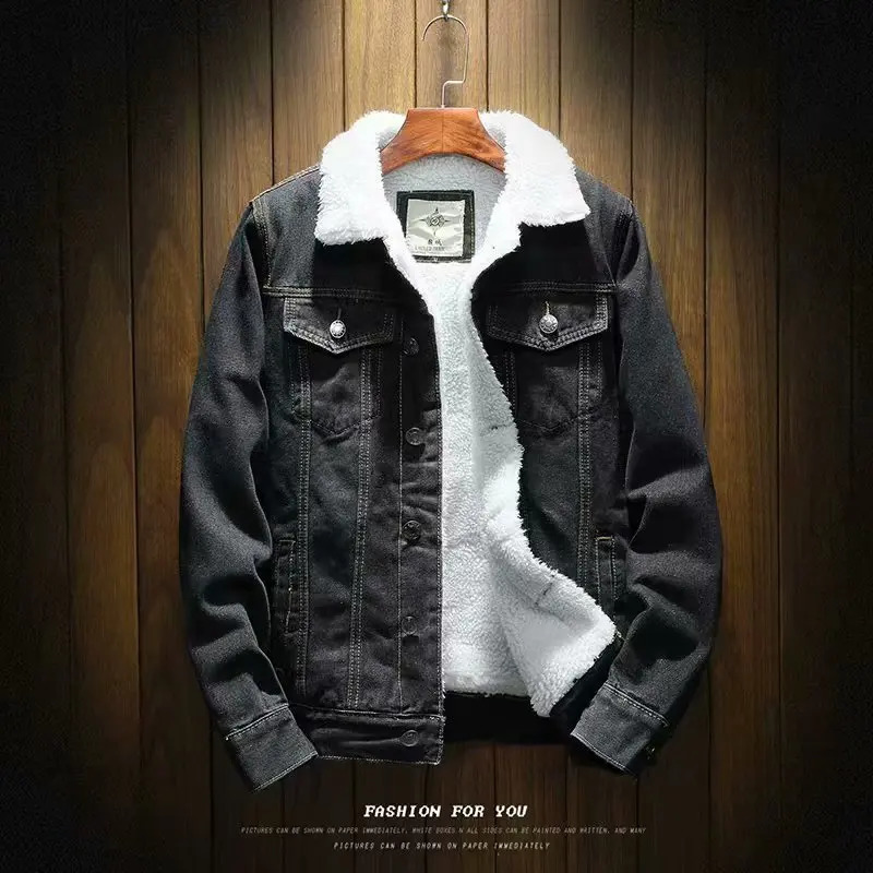Denim Jacket Men Thick Full Sleeve Jackets Solid Single Breasted Loose Splice Coats Casual Pockets Outwear Winter 241216