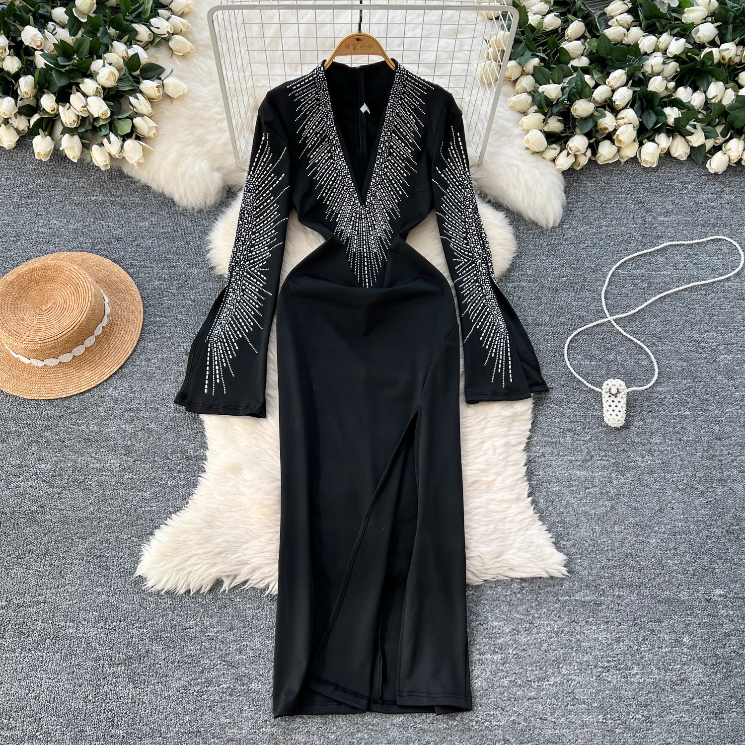 Casual Dresses Bodycon Satin Dress Women Long flare Sleeve Party Dresses Sequins V Neck Neck Side Slit Sexy Evening Boho Vestidos Dropshipping 2025